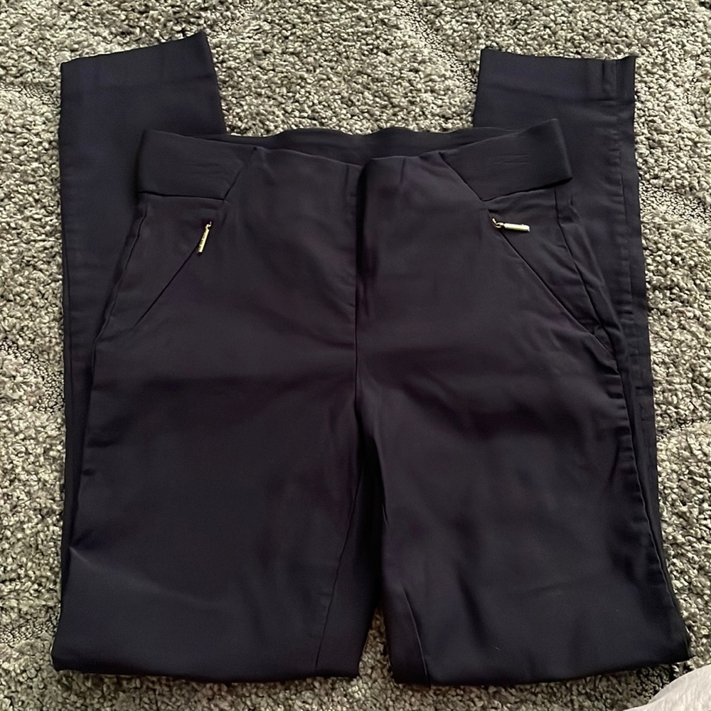 Navy blue dress pants.